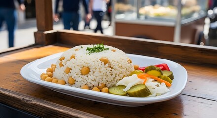 Nohutlu pilav, Traditional Chickpea Rice Dish, Turkish street food, rice with chicken, peas and pickles