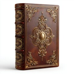 Ornate antique leather bound book with intricate gold embossed detailing on cover and spine