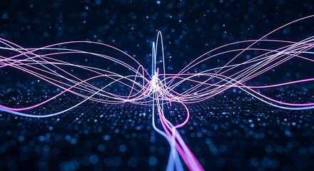 High quality image of abstract visualization of glowing pink and blue light trails converging in a dark, particlefilled space, representing data flow or network connections