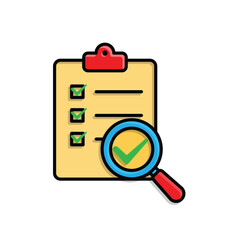 Evaluation icon. Management. Evaluation sheet with magnifying glass and check mark. manager, success. Isometric design style.