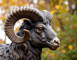 Bronze ram statue head close-up