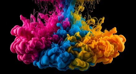 High quality image of vibrant pink, blue, and yellow ink clouds exploding in water against a black background, abstract art