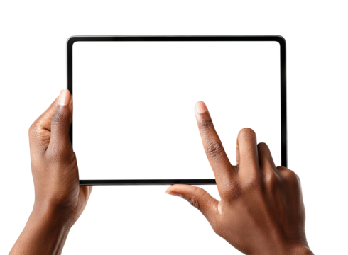 African American hands interacting with digital tablet blank screen, isolated on transparent cutout background
