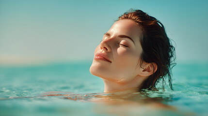Serene woman enjoying a peaceful moment while floating in tranquil blue water with sunlight