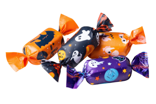 A collection of five colorful Halloween candies, individually wrapped with spooky designs like ghosts, bats, and pumpkins, presented on a transparent background. background removed