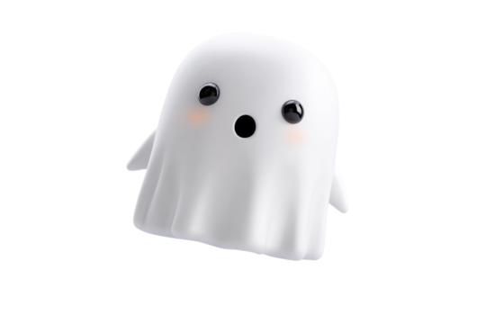 A cute 3D rendered white ghost with a surprised expression and pink cheeks, floating cheerfully on a vibrant transparent background. background removed
