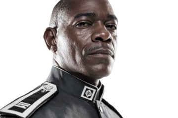 Close-up portrait of a serious, authoritative Black man in a military uniform, featuring distinctive shoulder and collar insignia, against a transparent background. background removed