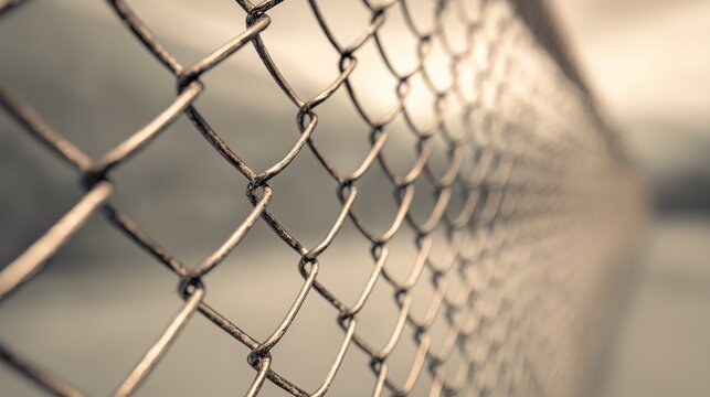 Closeup of metal chain link fence with shallow depth of field