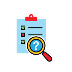 Evaluation icon. Management. Evaluation sheet with magnifying glass and question mark. manager, success. flat design style.