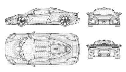 Sport car set blueprint on white background features a sleek aerodynamic design with intricate wireframe details. The low profile body includes visible headlights, grille and wheels in this technical. © German Ovchinnikov
