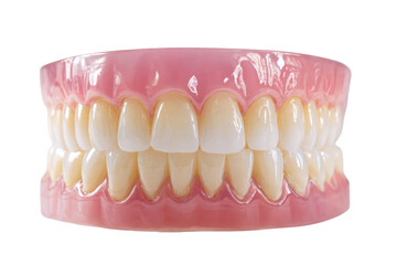 Obraz premium A detailed full set of human dentures, showcasing both upper and lower artificial teeth with realistic pink gums, presented on a transparent background. background removed
