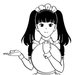 メイドカフェへ案内する女の子の白黒イラスト