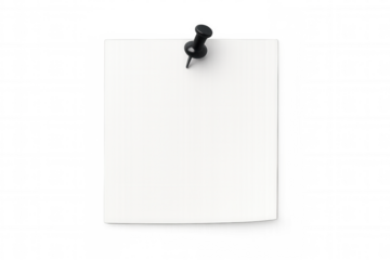 Blank white paper note pinned with a black thumbtack, holding a message or reminder, transparent background