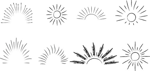 Sunburst set  half circle light rays elements Vector illustration. 
