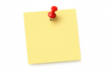 Yellow blank sticky note paper pinned with red pushpin for reminder message on transparent background