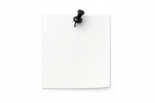 Blank white paper note pinned with a black thumbtack, holding a message or reminder, transparent background