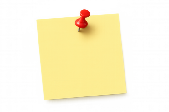 Yellow blank sticky note paper pinned with red pushpin for reminder message on transparent background