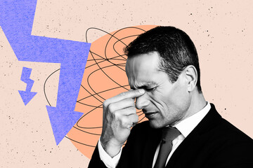 Full trendy photo collage of upset businessman cry headache arrow decline statistics bankruptcy economy inflation problem