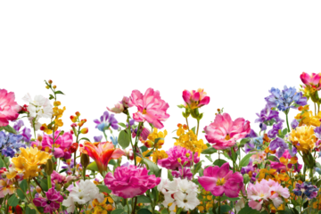 A vibrant, colorful flower border featuring various blooms in pink, yellow, white, and purple, set against a solid transparent background. background removed