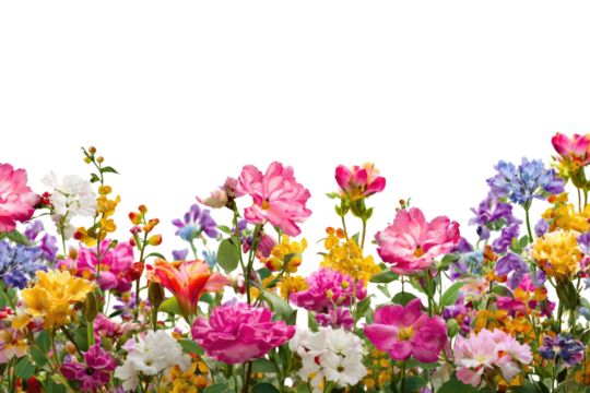 A vibrant, colorful flower border featuring various blooms in pink, yellow, white, and purple, set against a solid transparent background. background removed