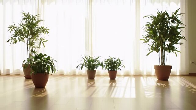 Indoor Plants in Brown Pots on Parquet Floor in a Brightly Lit Room