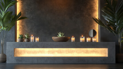 Spa reception counter mockup with scented candles entrance health wellness relaxation welcoming interior lobby lounge greeting elegance design luxury minimalist modern natural