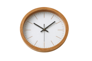 A clean, minimalist wall clock featuring a light wooden frame, white face, and black hands, isolated on a deep transparent background. background removed