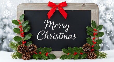 Merry Christmas Chalkboard with Holly and Pinecones in Snow.