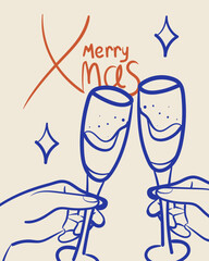 Merry Christmas greeting card. Doodle drawing of hands holding wine glasses. Wine or champagne cheers. Vintage ink sketch minimalist style. Hand drawn retro style vector illustration.