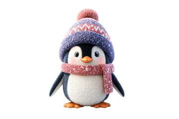 Fototapeta premium Cute 3D rendered penguin, wearing a blue, red, white winter hat with pom-pom and a warm festive red scarf. Perfect for holidays. background removed