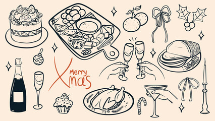 Vintage Merry Christmas elements collection. Christmas dinner table with food and champagne. Doodle ink sketch minimalist style. Hand drawn retro style vector illustration.