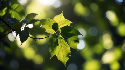 Sunlight filters through lush green leaves, creating a serene and vibrant natural backdrop.