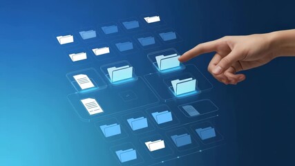 Digital Folder Interaction: A digitally rendered hand selects a file folder, conveying a sense of technological advancement and data organization within a modern digital environment.  - Powered by Adobe