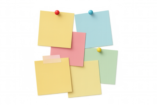 Colorful sticky notes with push pins and tape, creating a reminder board on transparent background
