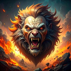 Fierce lion head portrait against fiery backdrop