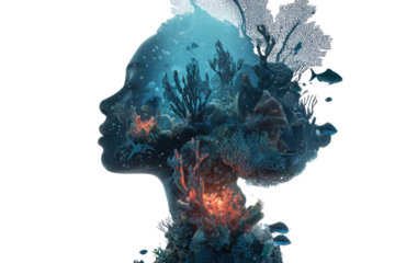 A captivating double exposure image featuring a woman's profile merged with a vibrant underwater coral reef, symbolizing nature's connection and beauty. background removed