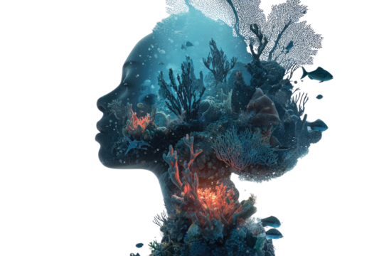A captivating double exposure image featuring a woman's profile merged with a vibrant underwater coral reef, symbolizing nature's connection and beauty. background removed