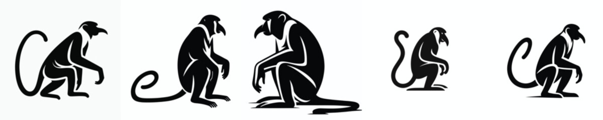 black and white silhouette vector of a proboscis monkey