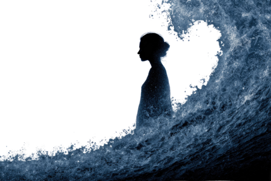 A woman's silhouette formed by dark blue waves against a solid transparent background, symbolizing struggle, resilience, and connection to nature. background removed