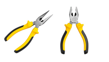 Obraz premium Pair of Flat Vector Pliers Illustrations with Bright Yellow Grips isolated on transparent background