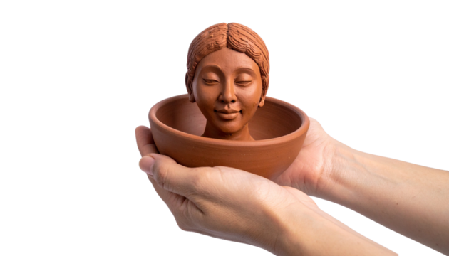 human hands holding a clay made sculpture of human face in a clay made bowl, isolated on transparent background