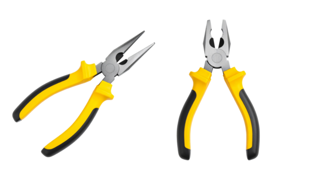 Pair of Flat Vector Pliers Illustrations with Bright Yellow Grips isolated on transparent background