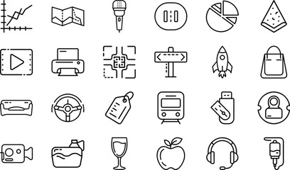 Minimal Line Icons – Business, Technology, Food, Travel, Communication, Shopping, Multimedia, Transport, Lifestyle, and Everyday Objects Vector Design Collection"
