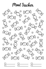Mood tracker with scattered 31 numbered candies. Printable worksheet for daily emotional monitoring. Perfect for bullet journals, planners, diaries, coloring books and organizational materials. Vector