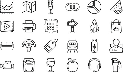 Minimal Line Icons – Business, Technology, Food, Travel, Communication, Shopping, Multimedia, Transport, Lifestyle, and Everyday Objects Vector Design Collection"