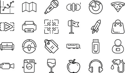 Minimal Line Icons – Business, Technology, Food, Travel, Communication, Shopping, Multimedia, Transport, Lifestyle, and Everyday Objects Vector Design Collection"