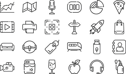Minimal Line Icons – Business, Technology, Food, Travel, Communication, Shopping, Multimedia, Transport, Lifestyle, and Everyday Objects Vector Design Collection"