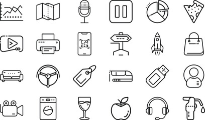 Minimal Line Icons – Business, Technology, Food, Travel, Communication, Shopping, Multimedia, Transport, Lifestyle, and Everyday Objects Vector Design Collection"