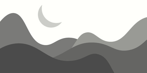 Abstract contemporary aesthetic background set. Boho landscape wall decor. Night artwork, moon, sky, mountains. Minimalist aesthetic. Mid-century flat design.
