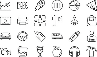 Minimal Line Icons – Business, Technology, Food, Travel, Communication, Shopping, Multimedia, Transport, Lifestyle, and Everyday Objects Vector Design Collection"